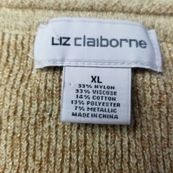 Liz Claiborne Women's XL Pullover V-Neck Knit Sweater Gold Metallic 3/4 Sleeve - Picture 6 of 12